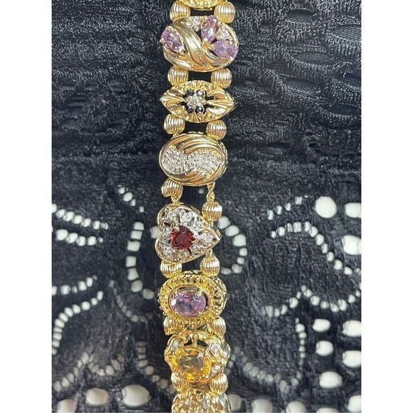 14K Yellow Gold Multicolor Gemstone Slide Bracelet 7” Long - Picture 6 of 12